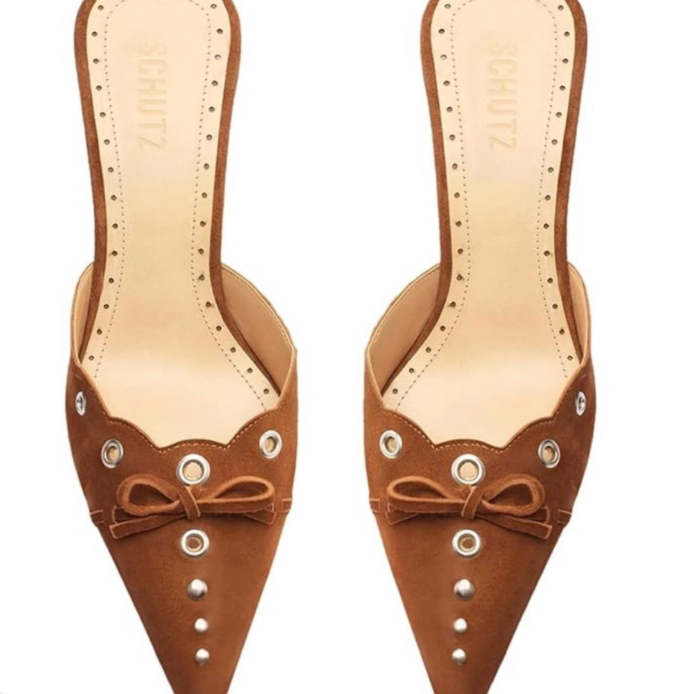 SCHUTZ Tan Mules with Bow and Stud Accents